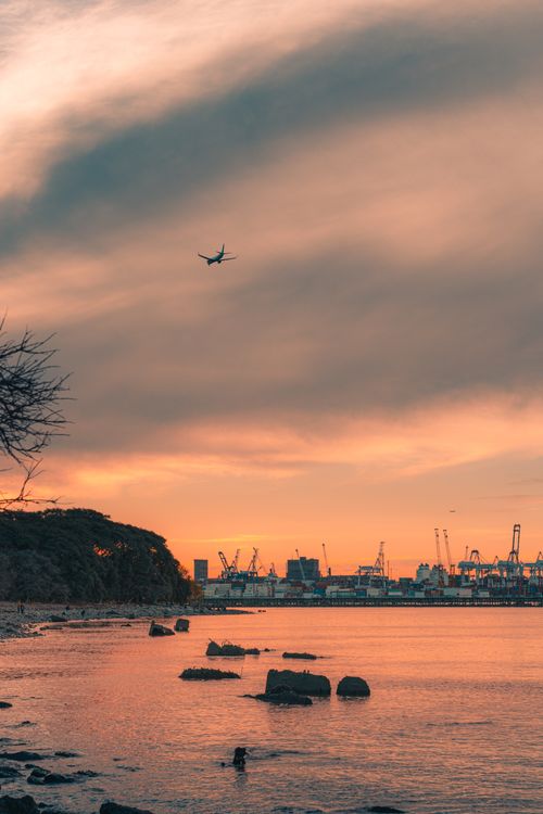 Free Dramatic view of an airplane flying over a coastal city skyline at sunset with vibrant sky. Stock Photo