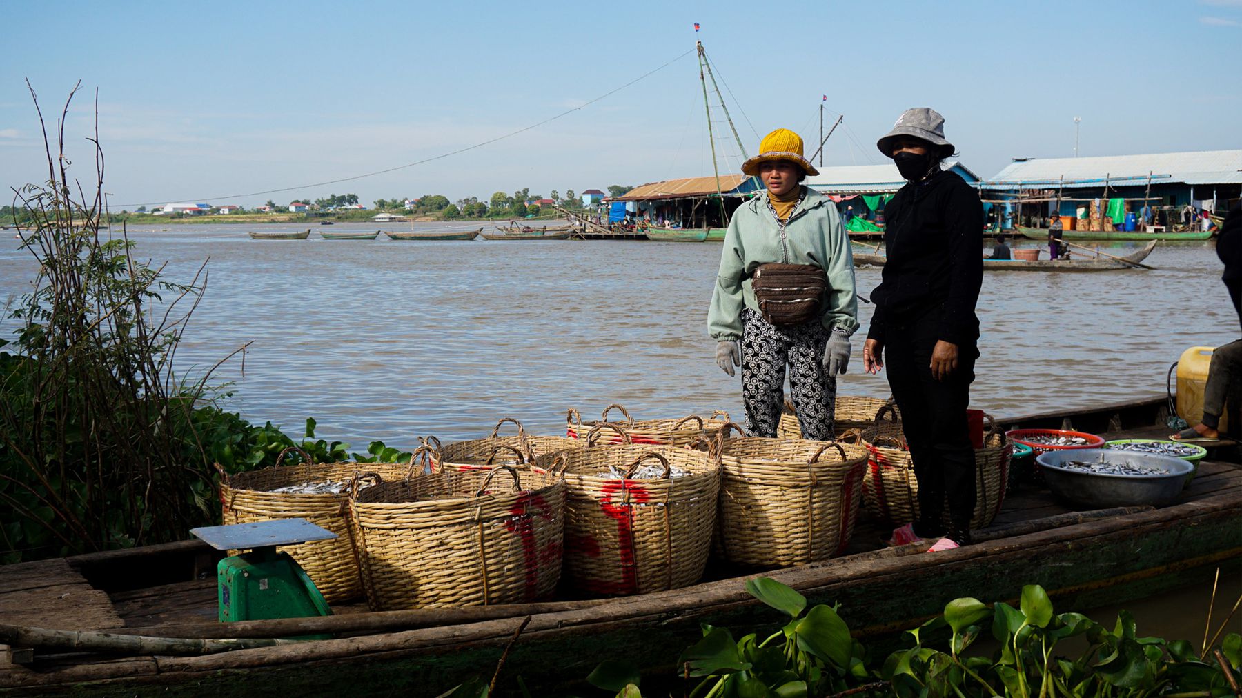 Local vendors selling fish from a boat at Mekong River market in Kandal, Cambodia.