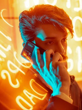 Stylish man with short hair talks on smartphone, illuminated by vibrant neon lights in Baghdad.