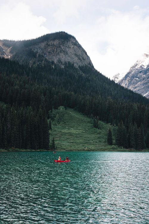 Free Stunning view of canoeing on Emerald Lake in British Columbia surrounded by mountains and forests. Stock Photo