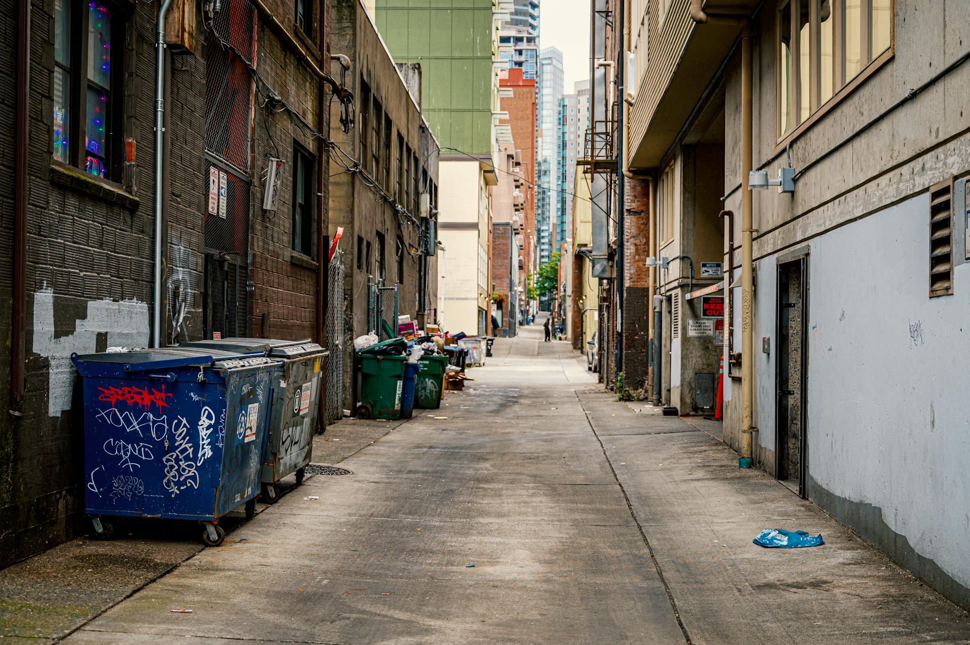 Narrow Street with Trash Cans