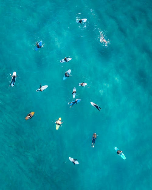 무료 서핑 보드에있는 사람들의 상위 뷰 사진 스톡 사진