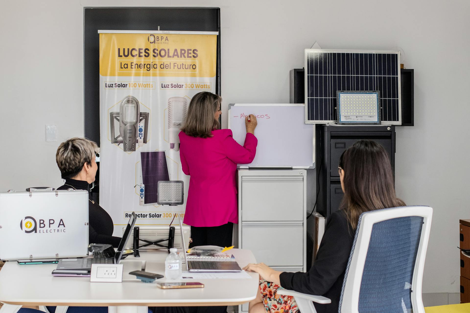 Female Coworkers Discussing Solar Energy in an Office