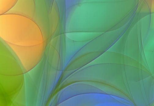 Vibrant abstract art featuring flowing shapes in green, blue, and orange gradients.