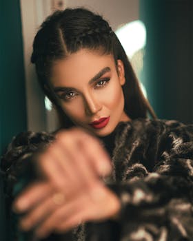 一位身着皮草外套、妆容大胆的女性高级时尚肖像，展现出优雅与风格