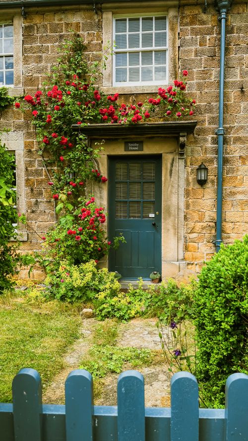 Free Rustic cottage doorway adorned with vibrant red climbing roses on a sunny day. Stock Photo