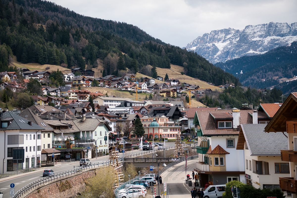 The village of Ortisei (St Ulrich) in Val Gardena below the Dolomite peaks