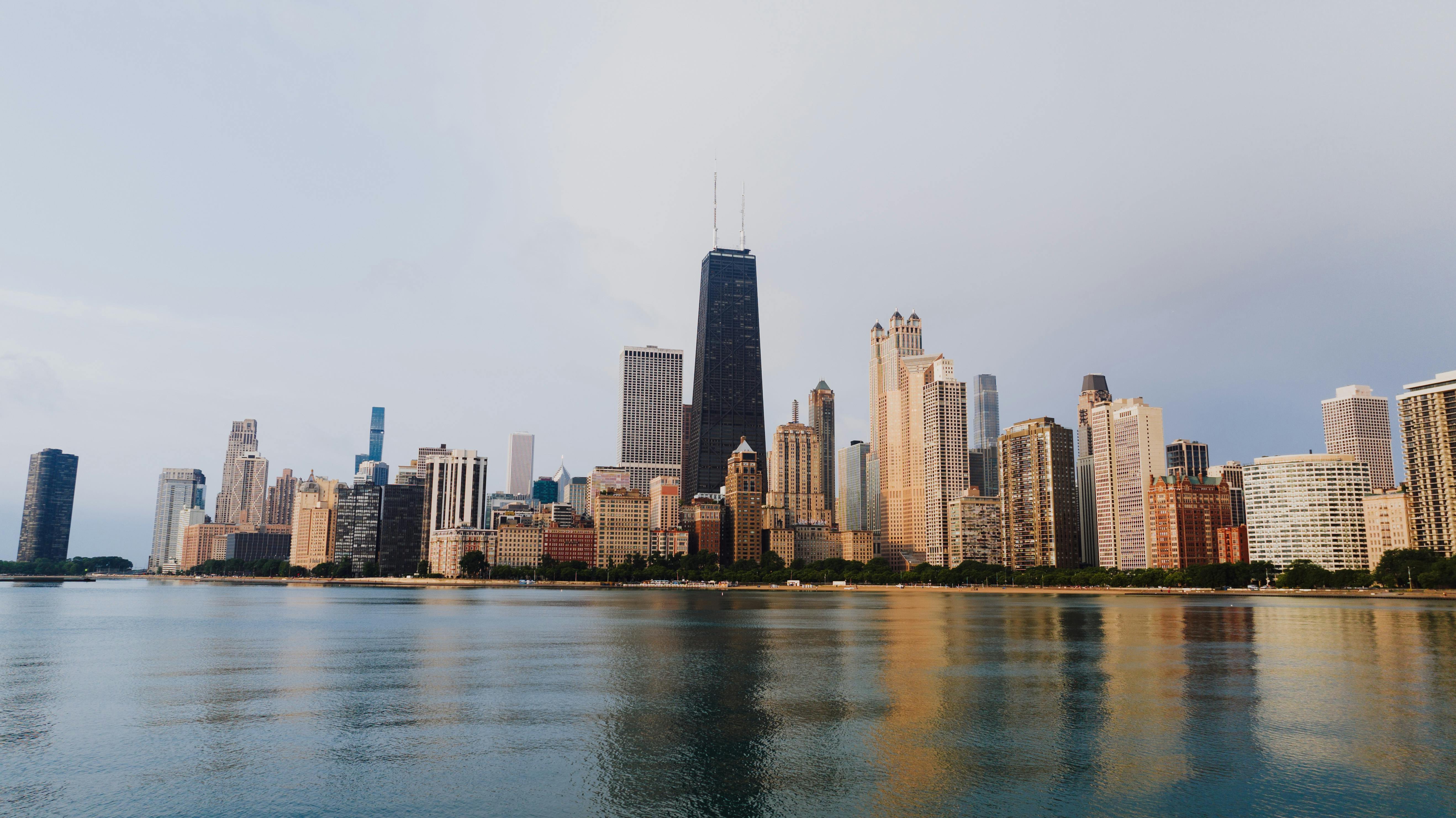 Chicago waterfront reflections under clear sky