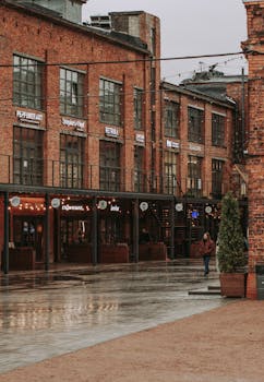 Charming brick building on a rainy day in Saint Petersburg, Russia.