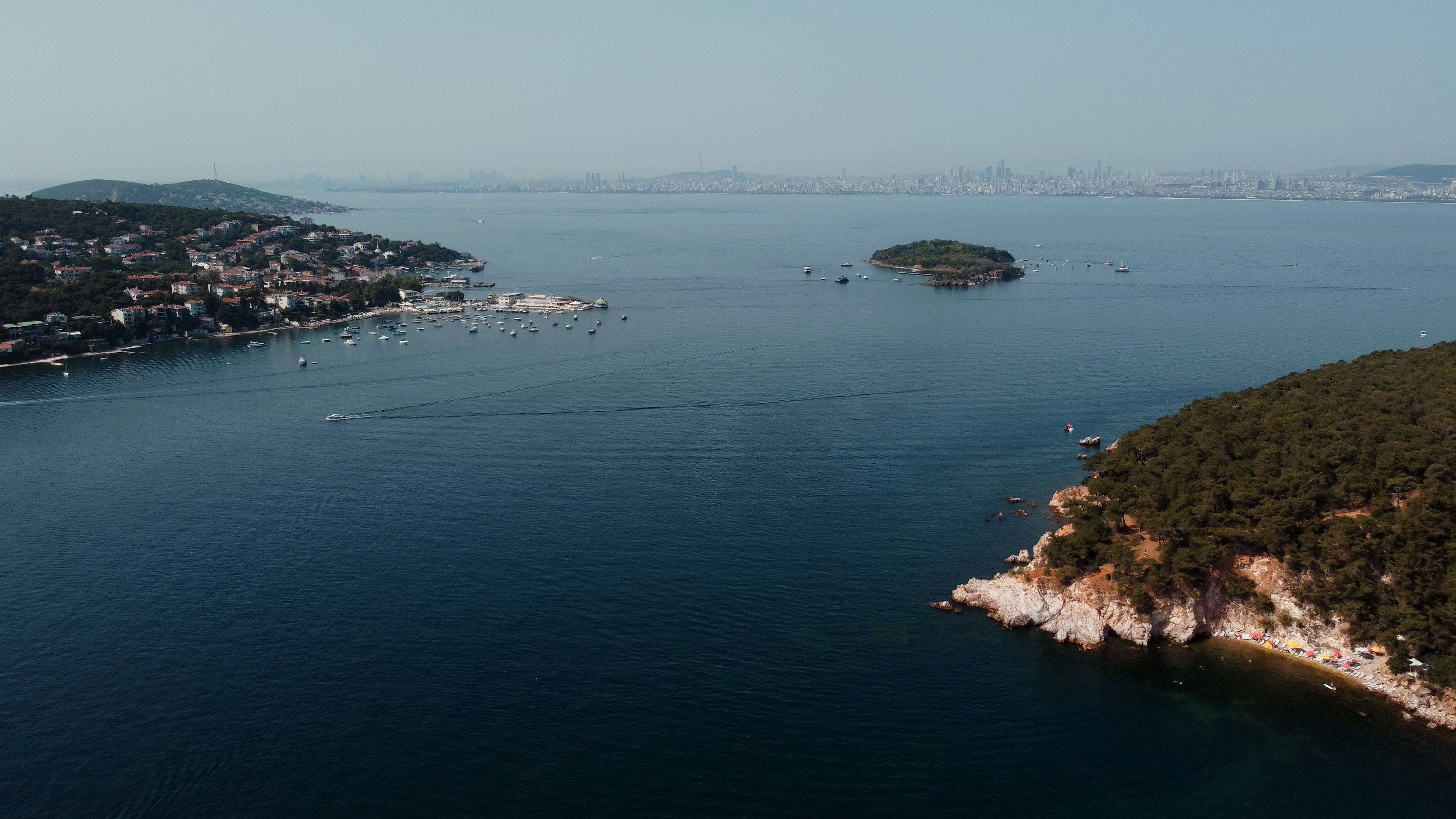 Breathtaking aerial shot of Heybeliada island with Istanbul skyline, capturing rich waters and coastline.