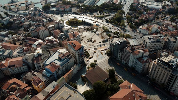 Aerial shot of Istanbul cityscape showcasing busy streets and traditional buildings.