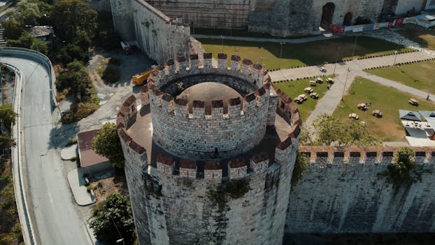Drone view of the historic Yedikule Fortress in Istanbul, highlighting its ancient architecture.
