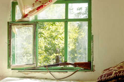 Free An open green-framed window with a rifle and a curtain inside a sunlit room. Stock Photo