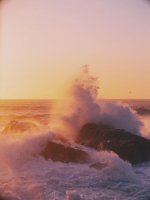 Capture of powerful ocean waves crashing onto rocks against a vibrant sunset backdrop.