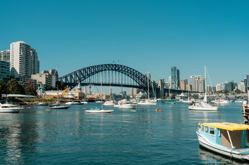 Free Scenic shot of Sydney Harbour, featuring the iconic bridge and boats against a clear sky. Stock Photo