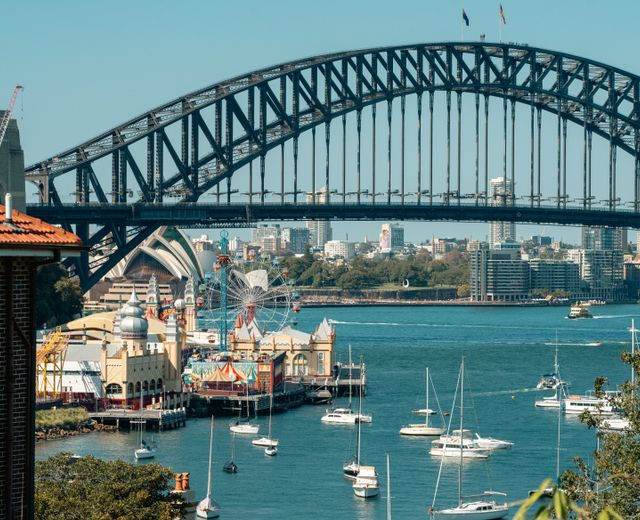 A vibrant view of Sydney Harbour Bridge with Luna Park and sailboats highlighting the iconic skyline.
