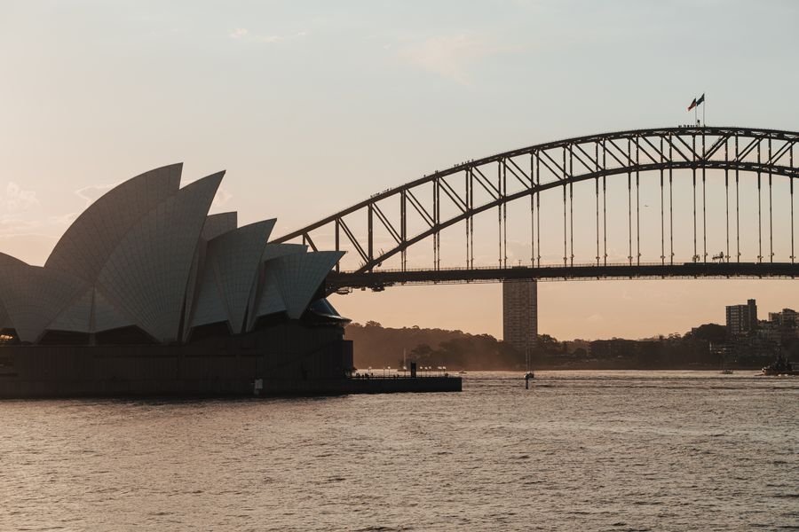 Sydney Harbour Bridge and Opera House at dusk in Australia