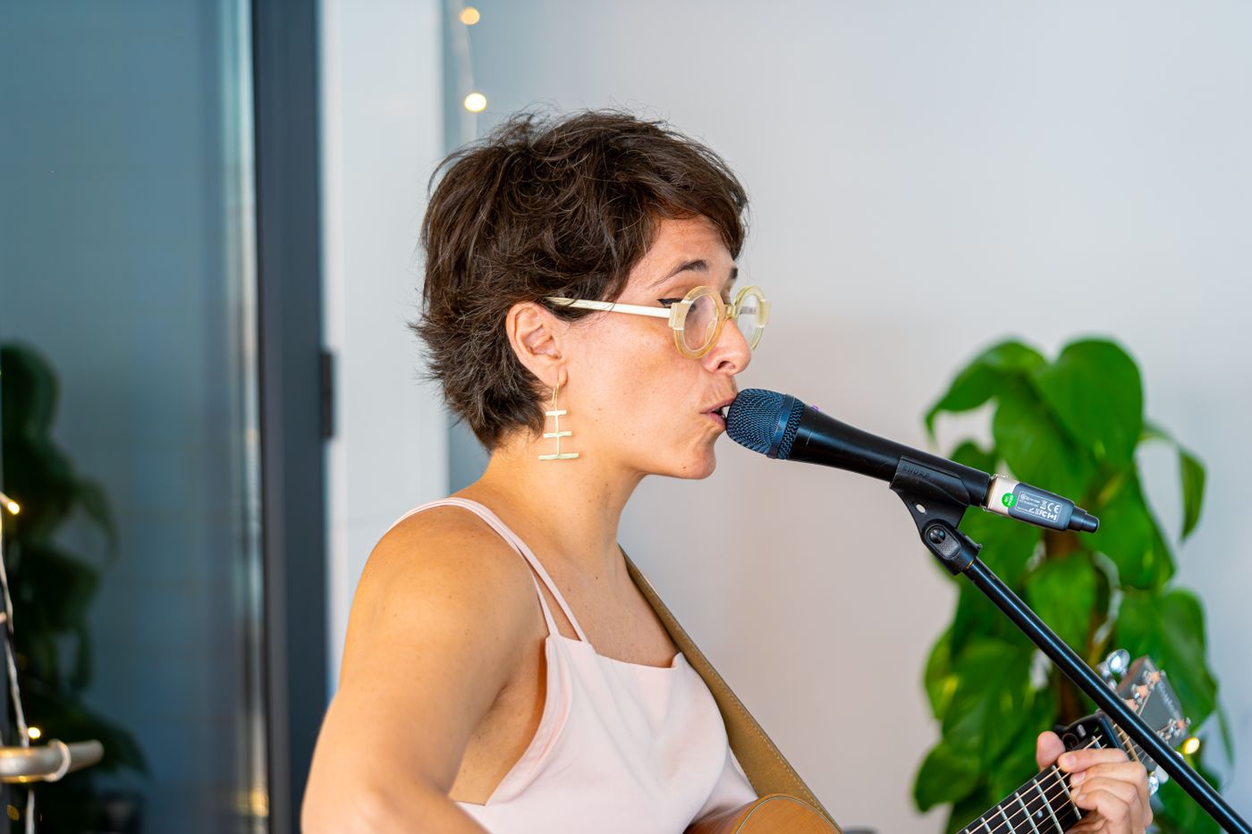 Singer-songwriter with guitar and microphone