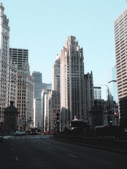 View of the iconic Tribune Tower and Chicago skyline with neo-gothic architecture.