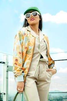 Stylish woman in colorful jacket and sunglasses posing outdoors in Mexico City. Capture of modern fashion.