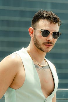 Fashionable male model wearing sunglasses and tank top, posing outdoors in Mexico City.