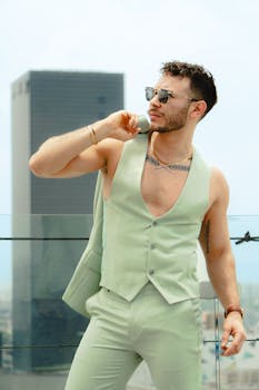 Fashionable young man posing confidently on rooftop in Mexico City, wearing trendy pastel green suit and sunglasses.