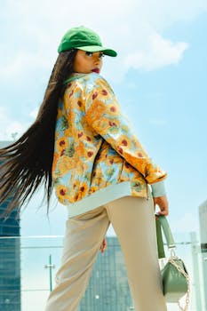 Stylish woman in floral jacket and cap poses against Mexico City skyline.