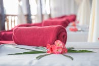 水疗中心内部优雅，设有红色卷毛巾和充满活力的花朵，非常适合放松