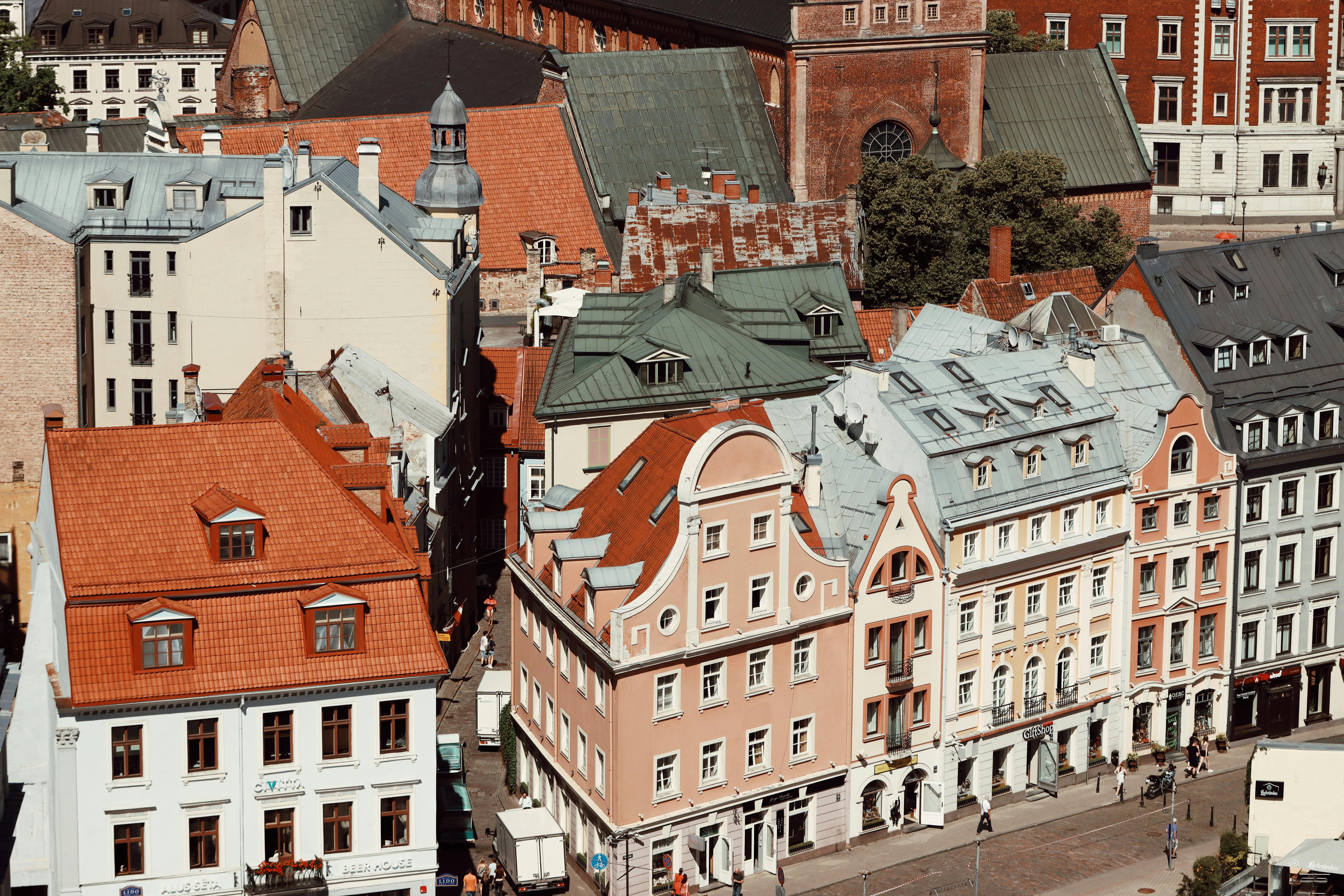 Charming aerial shot of historic buildings in Riga's Old Town, showcasing classic architecture.