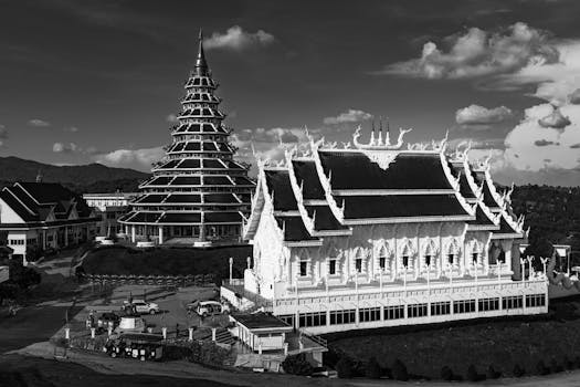 Black and white photo of Wat Huay Pla Kang's Chinese-Lanna style pagoda in Chiang Rai, Thailand.