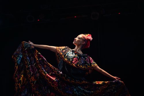 Free Woman dancing in vibrant traditional Mexican attire on stage, shot in low lighting. Stock Photo