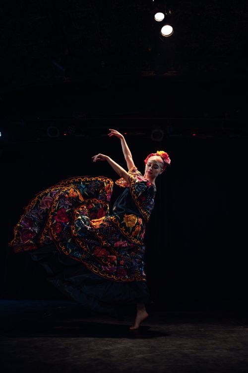 Free Vibrant performance of a Mexican dancer in traditional clothing on stage in Ciudad de México. Stock Photo