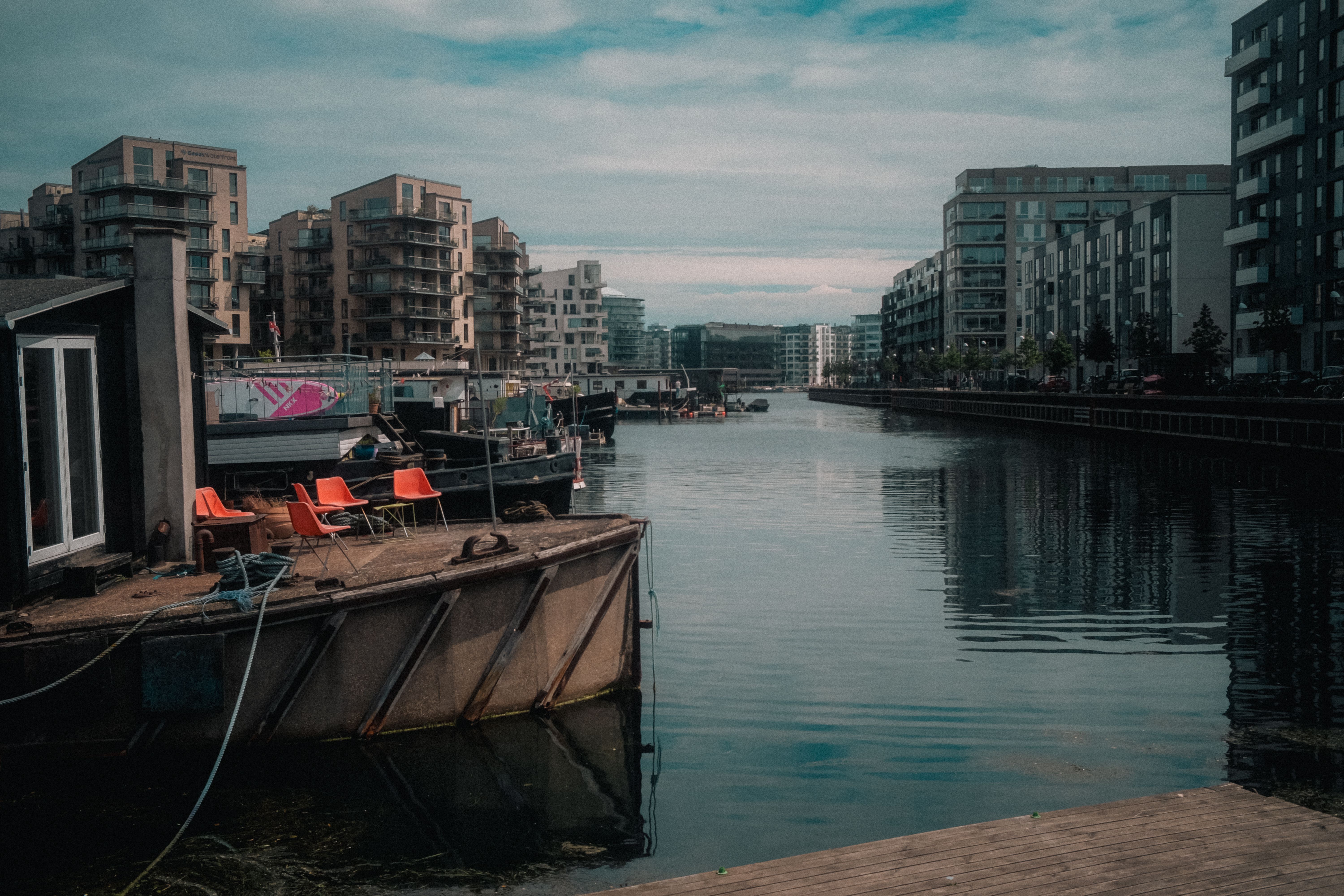 View of contemporary apartments along a canal in Copenhagen, Denmark.