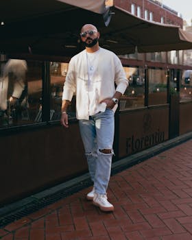 Fashionable man in sunglasses walks confidently in urban area wearing torn jeans and a white cardigan.