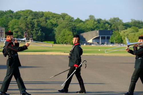 Free A military band marching outdoors, featuring soldiers playing trombones in a parade. Stock Photo