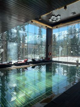 A serene indoor pool with panoramic winter forest views, ideal for relaxation.