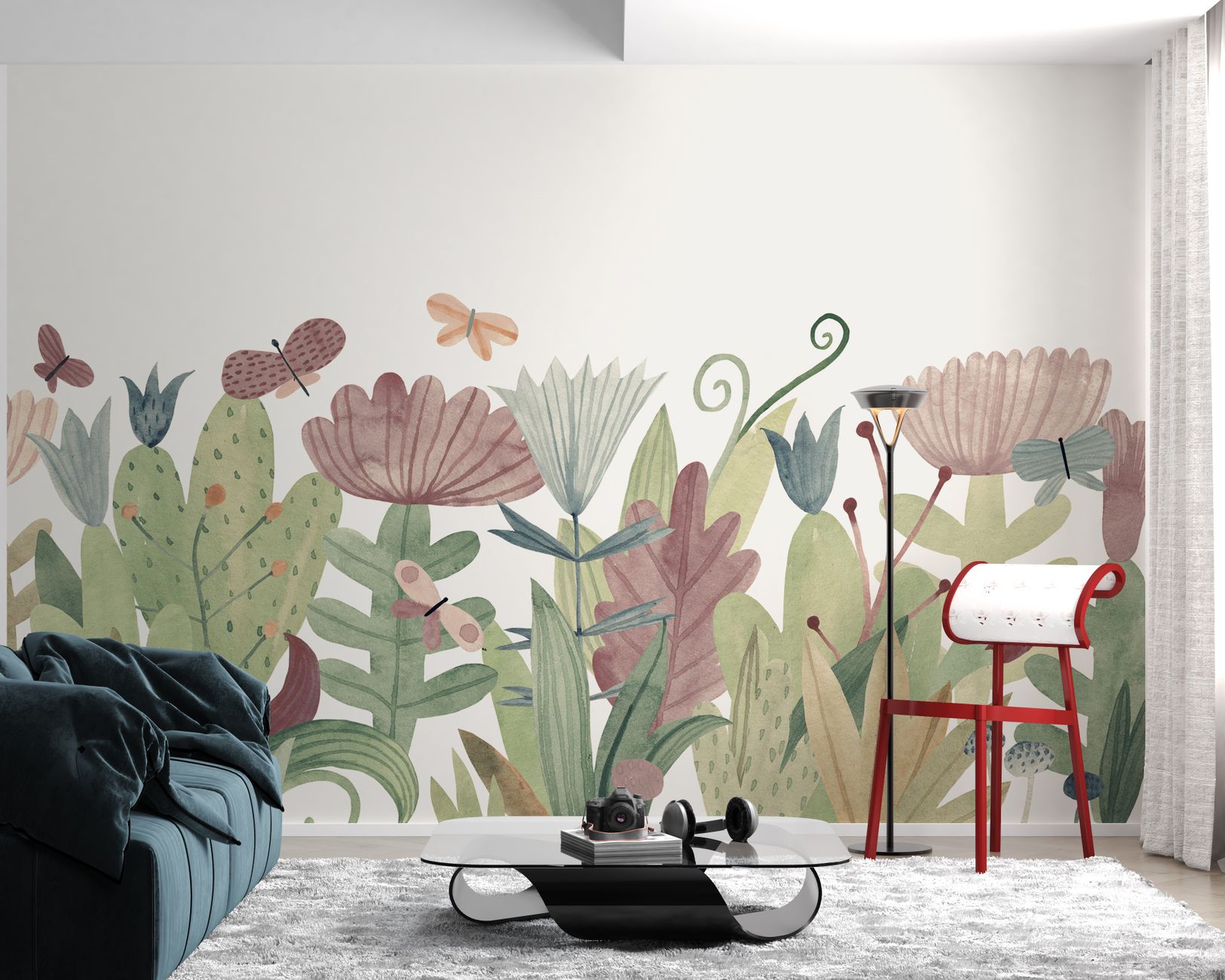 Modern living room with botanical mural, cozy sofa, and chic furniture, providing a warm and inviting atmosphere.