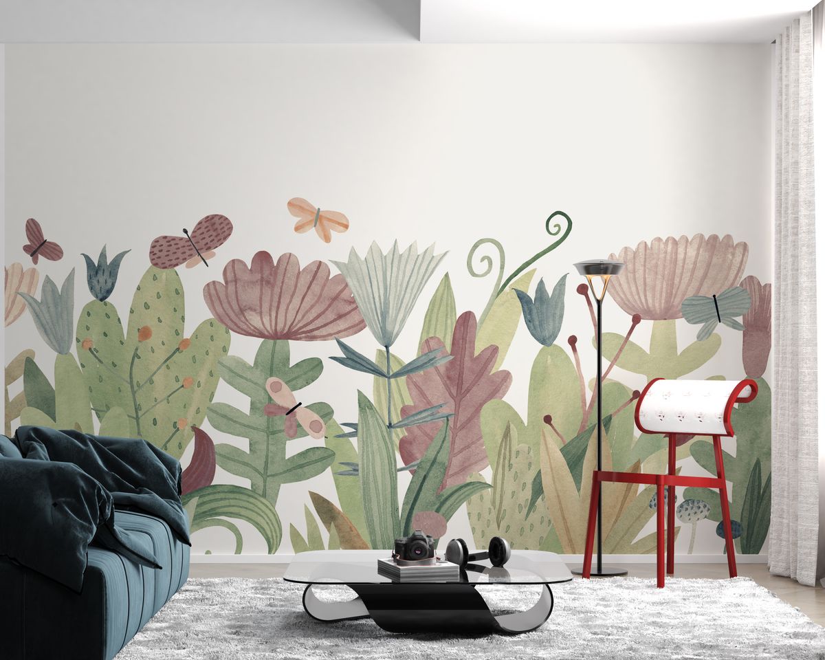 Warm modern living room with sofa, coffee table, rug and wall decor