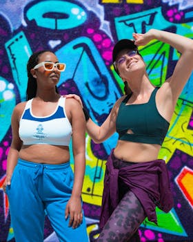 Two women in sportswear pose confidently against a vibrant graffiti wall, embodying urban style.
