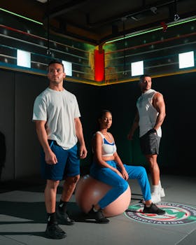 Three fit adults pose confidently in modern gym attire, emphasizing athletic style and strength.
