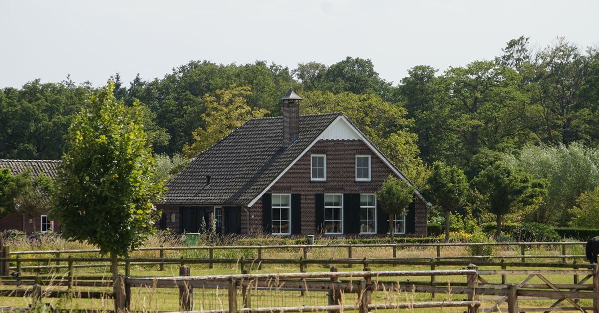 Quaint rural house surrounded by lush greenery and wooden fencing.