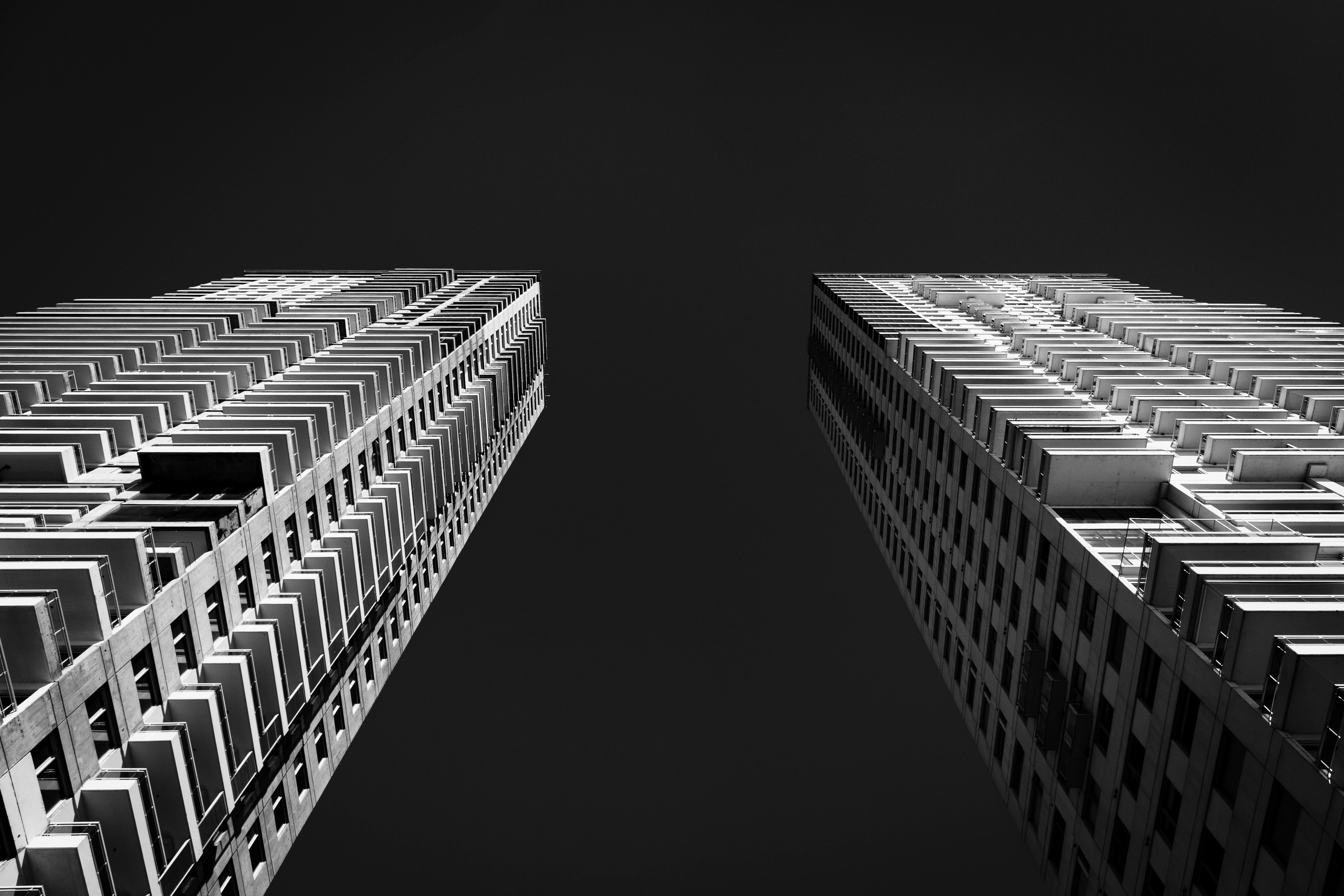 Stunning low angle view of modern skyscrapers in Rosario, Argentina in black and white.