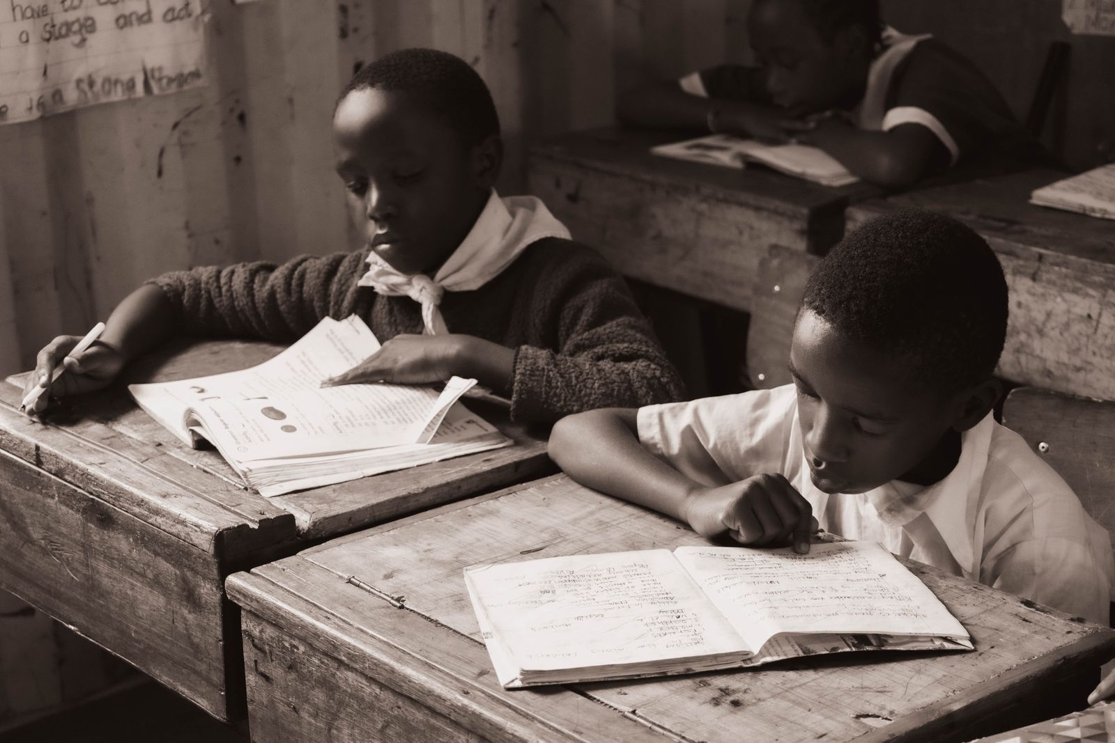A young child absorbed in reading a book at school