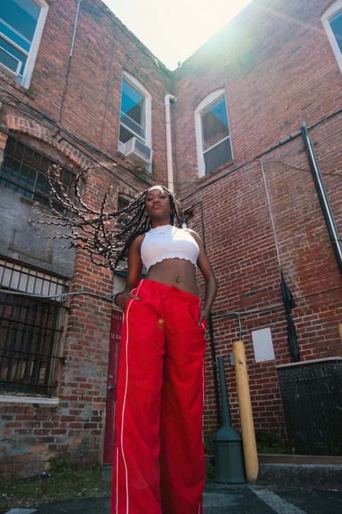 Free Young woman in a crop top and red pants poses confidently in a Gainesville alleyway, showcasing trendy urban fashion. Stock Photo