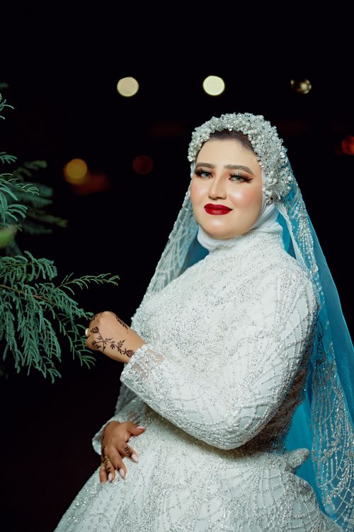Free Stunning bridal portrait showcasing a smiling bride in a detailed wedding dress and veil under the night sky. Stock Photo