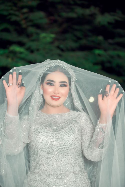 Free Stunning bride in shimmering dress and veil with spider accents posing outdoors. Stock Photo