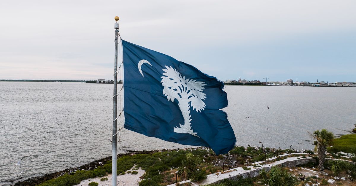 South Carolina flag waving at waterfront with Charleston skyline.