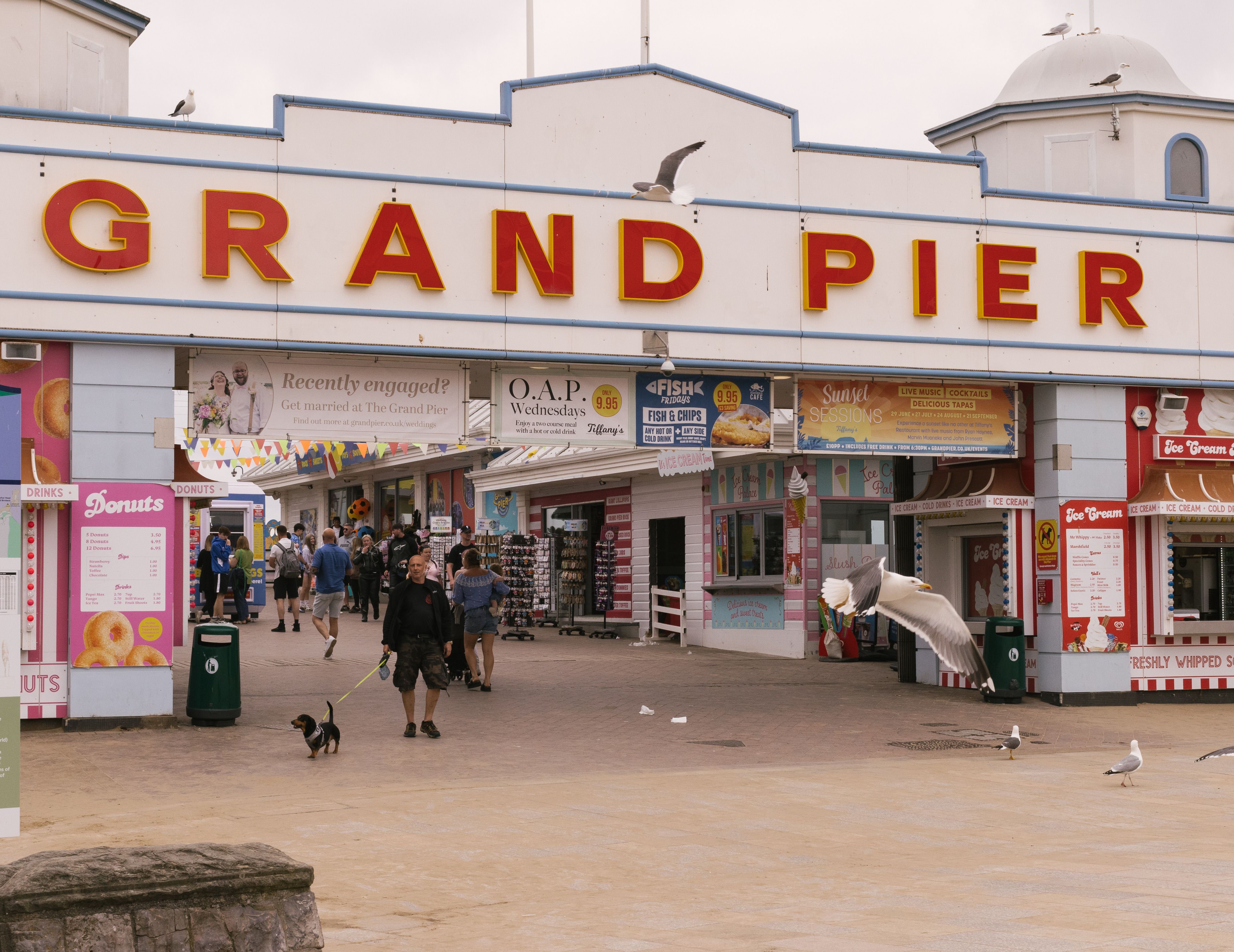 Entrance of the Grand Pier with people and seagulls, featuring shops and vibrant signage.