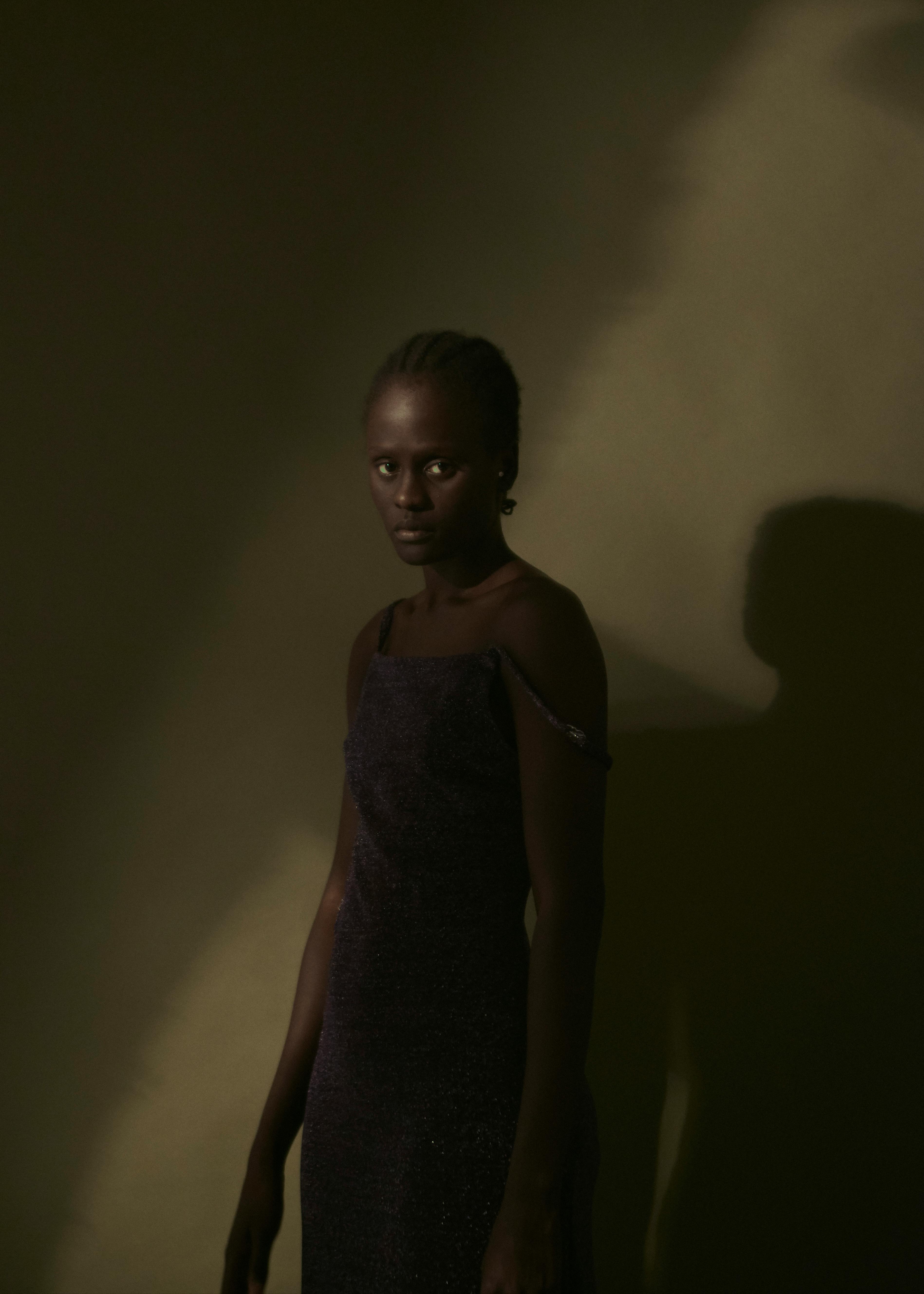 Elegant portrait of a woman in a dark dress with dramatic lighting and shadows.