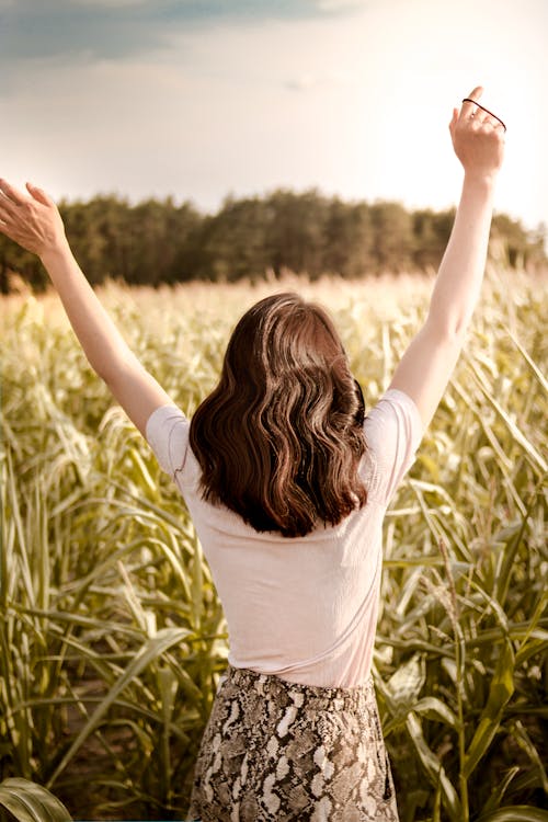 Woman on Grass Field Lifting Hands